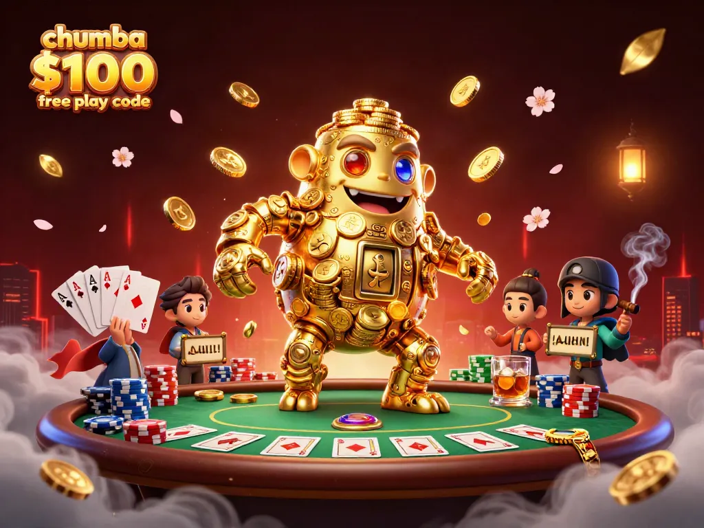 Experience the thrill at Chumba Casino $100 free play code with a lively scene of coins and poker.