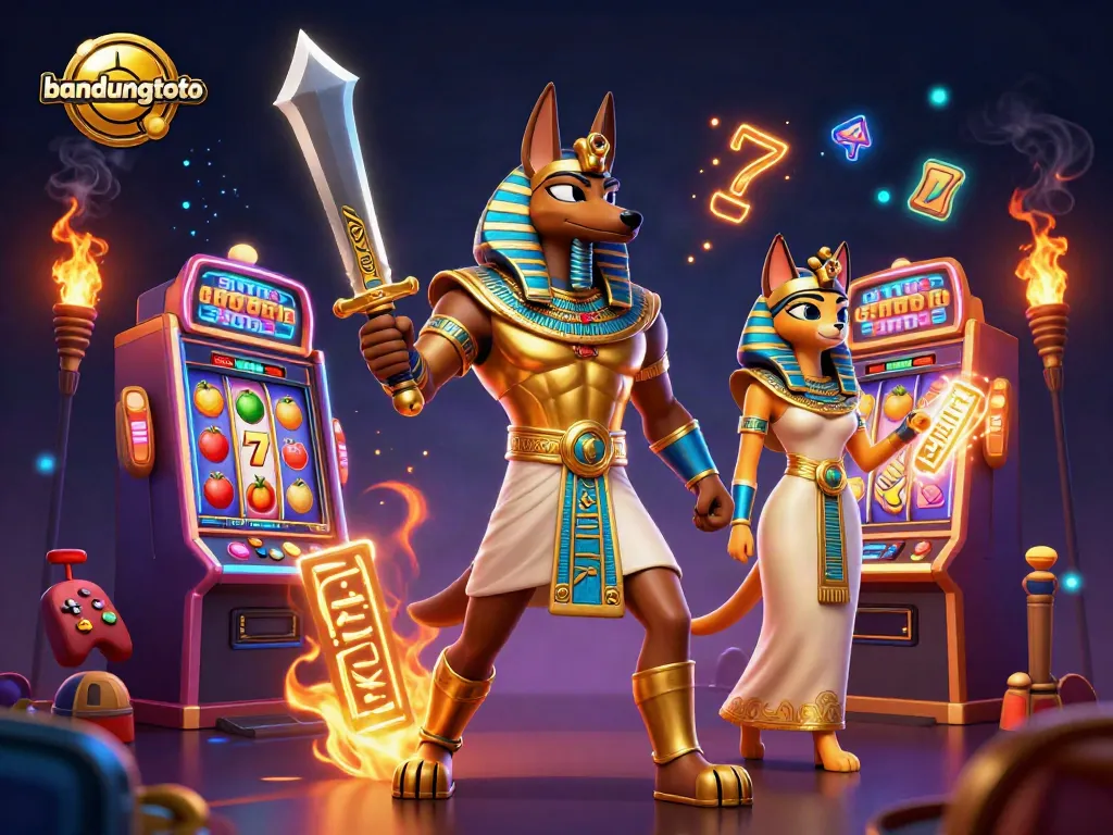 Experience the thrill of bandungtoto with Anubis and Bastet in this dynamic casino scene.