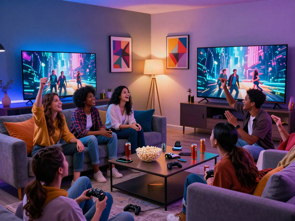 Pikashow entertainment scene with friends enjoying movies in a vibrant living room.