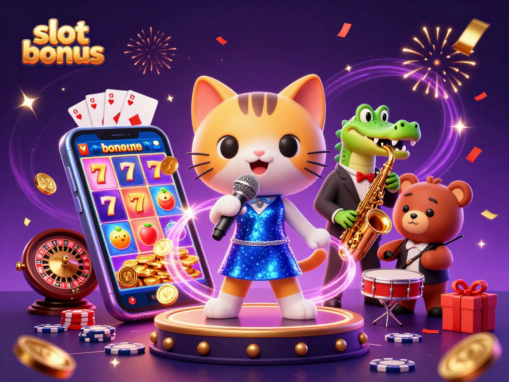 Experience exciting slot bonus action with a jazzy cat singer, crocodile saxophonist, and bear drummer in a vibrant casino.