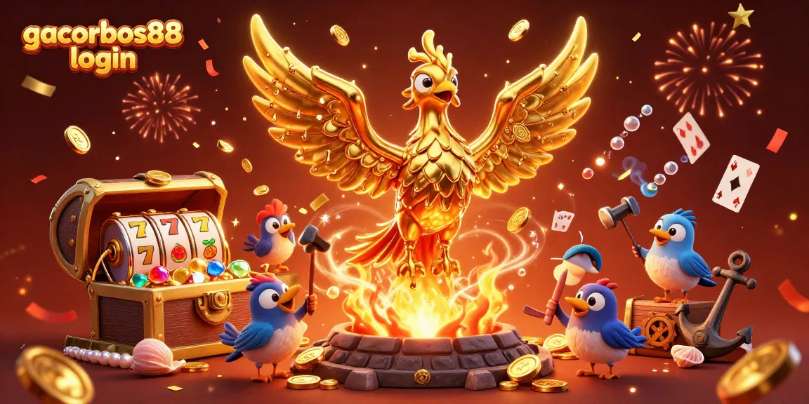 Experience the thrill of gacorbos88 login with a molten golden phoenix emerging from a fiery forge amidst celebratory elements.