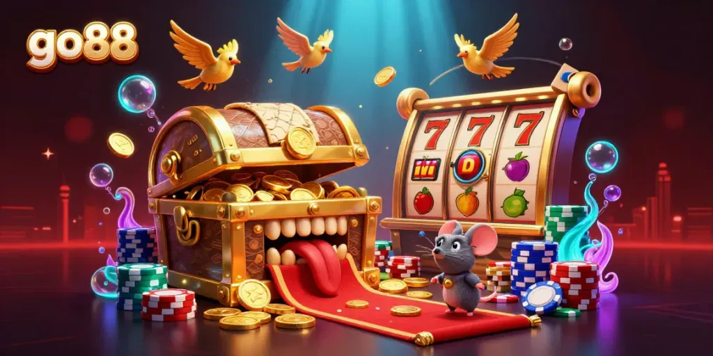 Engage with go88's thrilling slot adventures featuring a whimsical treasure chest luring players with rewards.