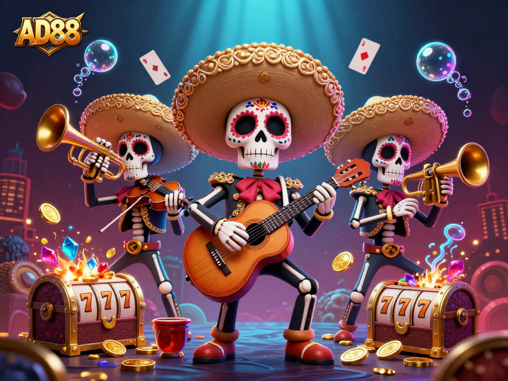 Engage with AD88's thrilling casino experience featuring dynamic mariachi skeletons surrounded by games and underwater treasures.