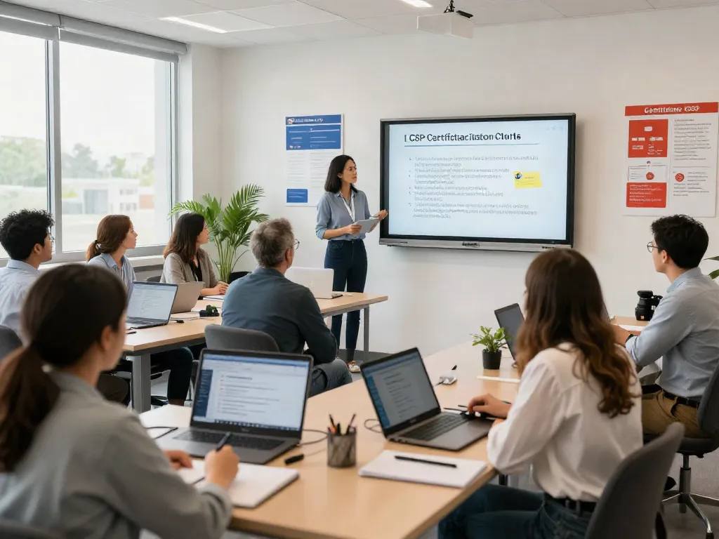 CSP Certification training session with diverse learners in a modern classroom.