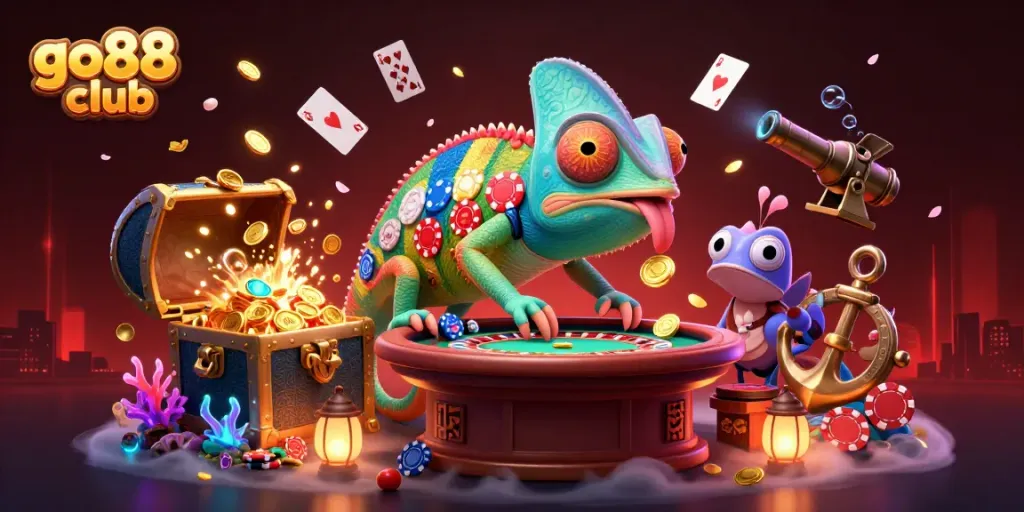 Engage with Go88 club's colorful gaming universe featuring an animated chameleon, poker elements, and underwater treasures.