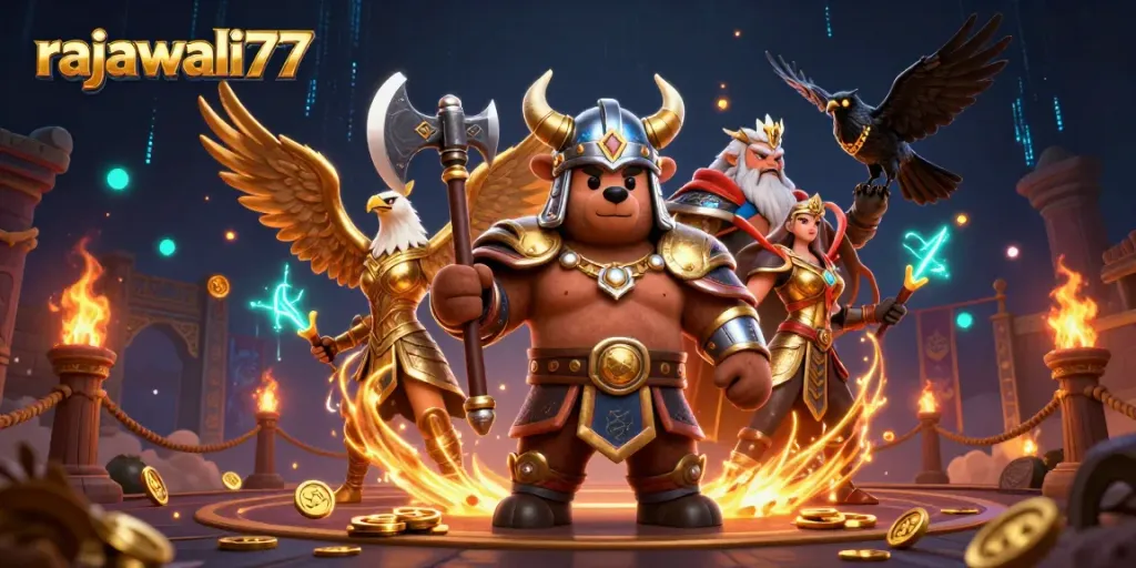 Permainan menarik di rajawali77, menampilkan beruang Viking, elang Valkyrie, dan koin emas berserakan.