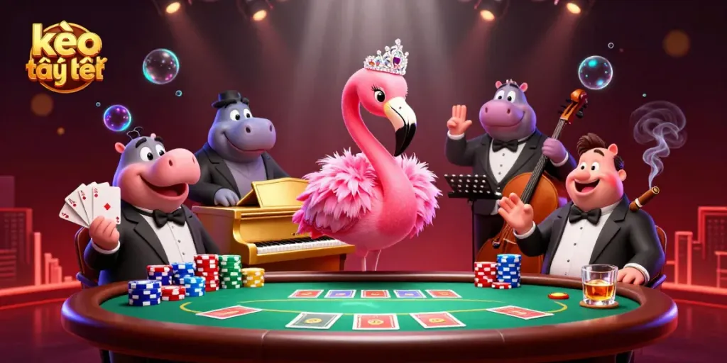 Experience kèo trực tuyến with vibrant casino characters, poker chips, and lively atmosphere.