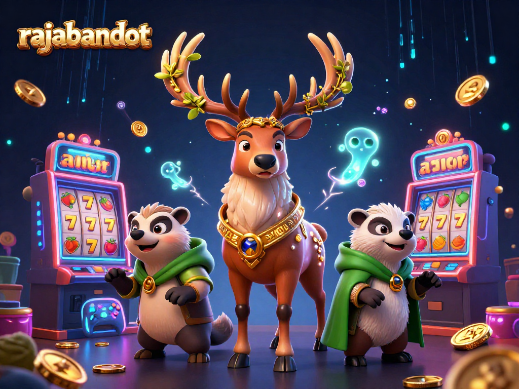 Menangkan jackpot dengan rajabandot dalam ilustrasi kasino penuh warna yang menampilkan karakter unik dan mesin slot.