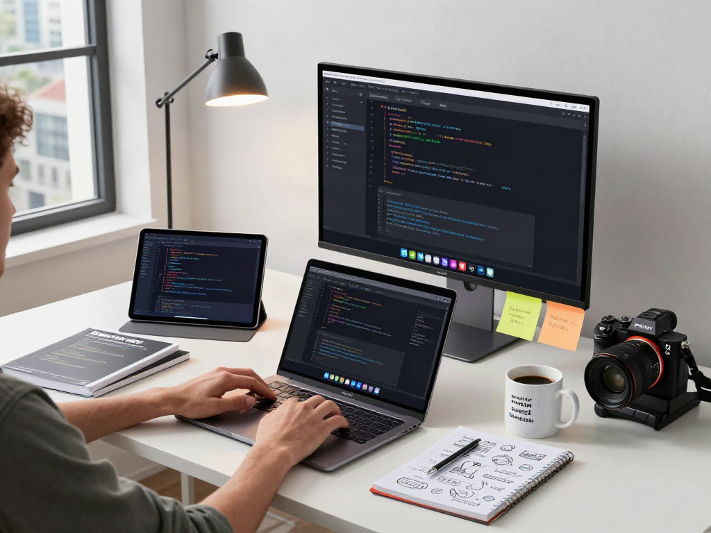 Developer coding on sleek laptop with pikashow apk displayed in a modern workspace.