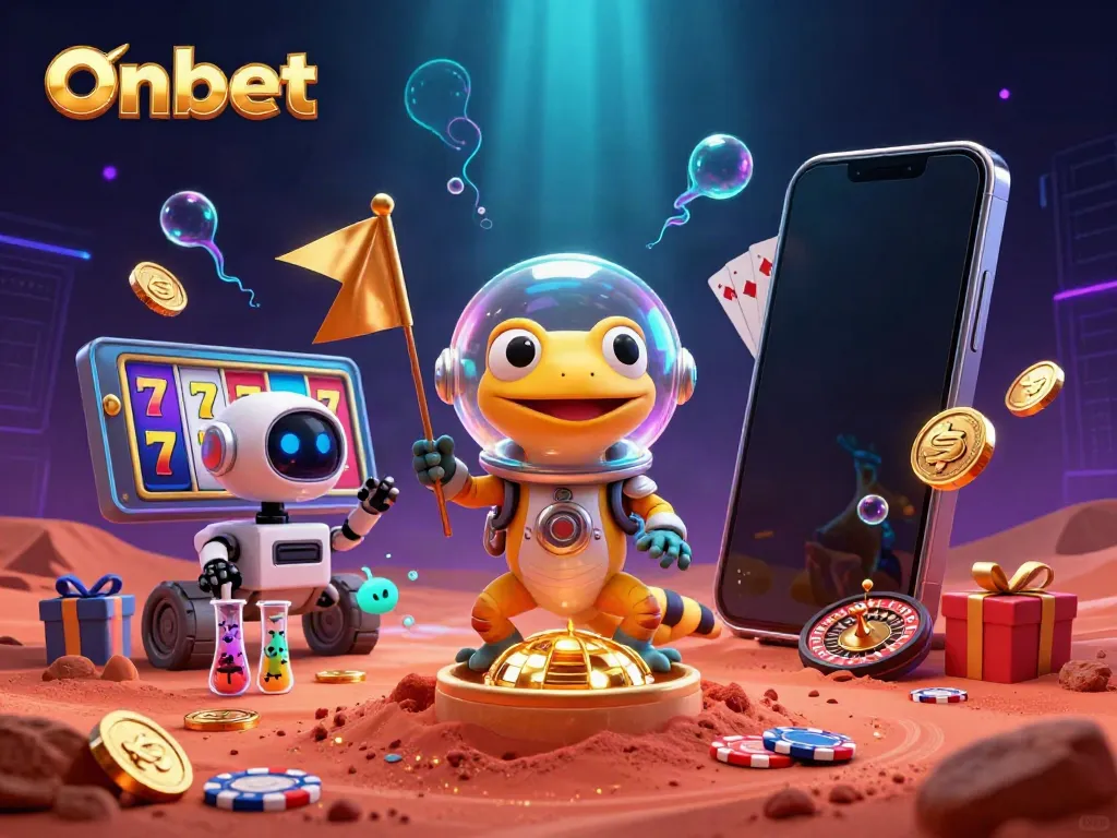 Onbet gambling scene featuring a Martian gecko exploring a golden casino with animated slot symbols and vibrant colors