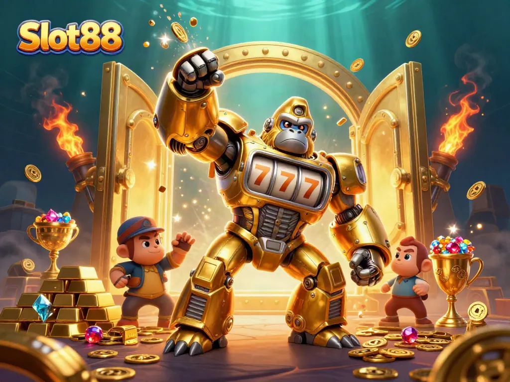 Engage with Slot88 in an exciting 3D illustration featuring a golden mech and treasure.