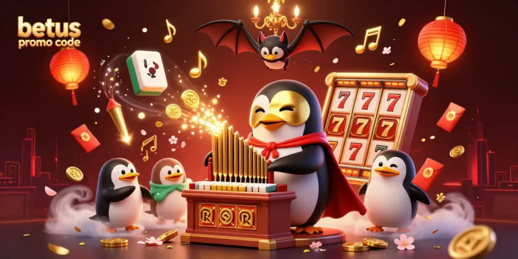Win big with a captivating betus promo code illustration featuring a penguin playing an organ, jackpot symbols, and vibrant casino elements.