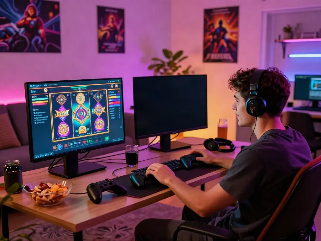 Exciting gaming scene featuring link slot777 in a vibrant living room with colorful slot game