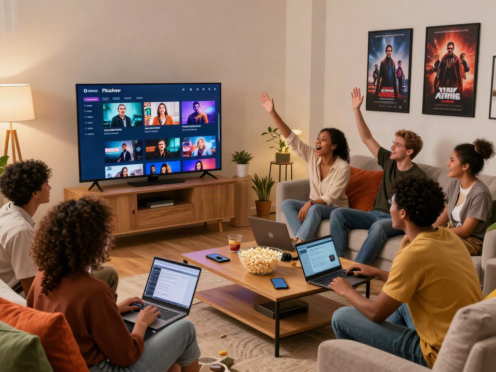 Friends enjoying a streaming session on Pikashow in a cozy living room.