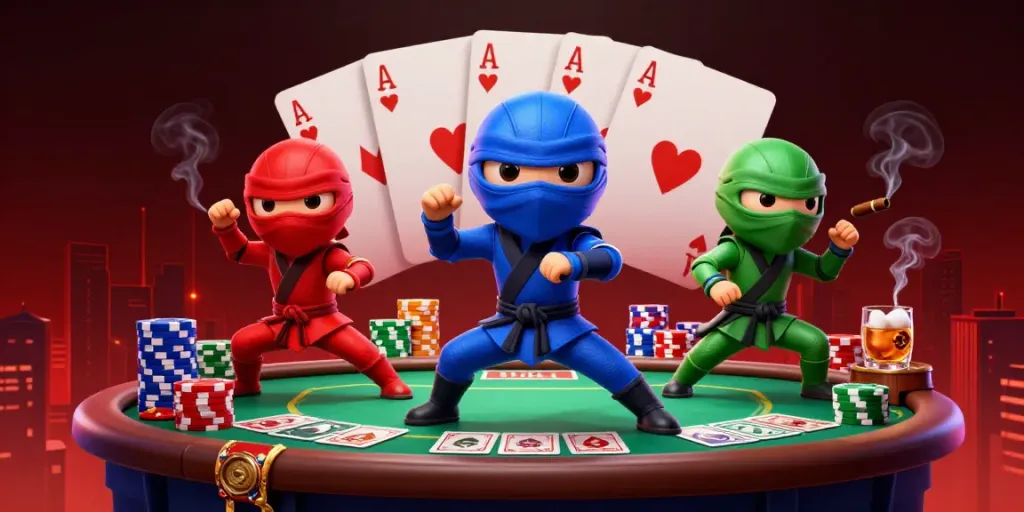 Play at social casinos like stake with a vibrant illustration of ninja chameleons and exciting poker elements.