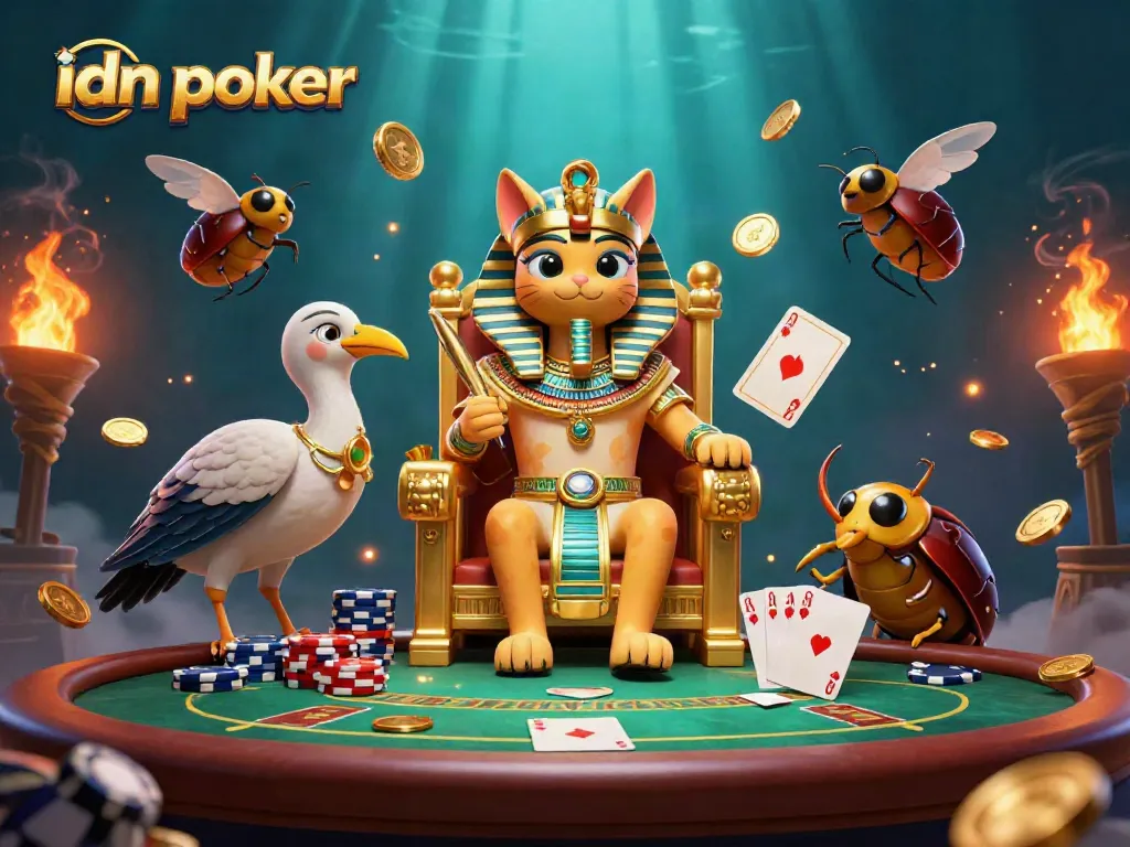 Experience idn poker with a vibrant scene featuring a pharaoh cat and dynamic poker elements.