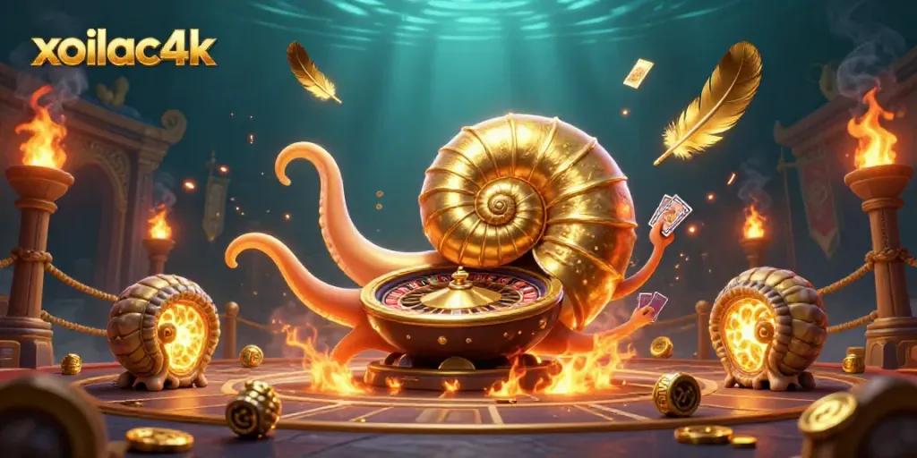 Experience the thrill of gambling with xoilac4k's vibrant 3D casino scene featuring a nautilus roulette wheel.