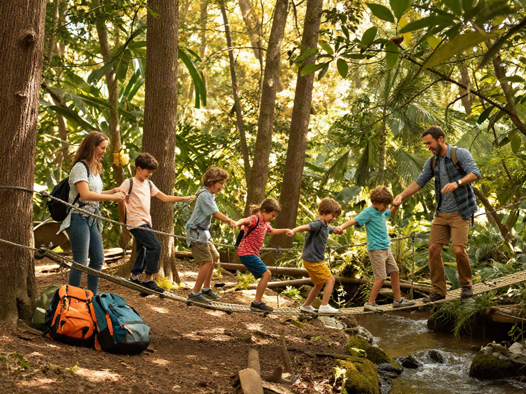 Family enjoying a rope bridge adventure in a sunny forest
