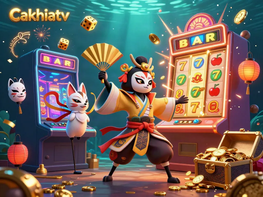Cakhiatv showcases a vibrant scene with a kabuki warrior and kitsune mask amidst a jackpot explosion, symbolizing excitement in gambling.