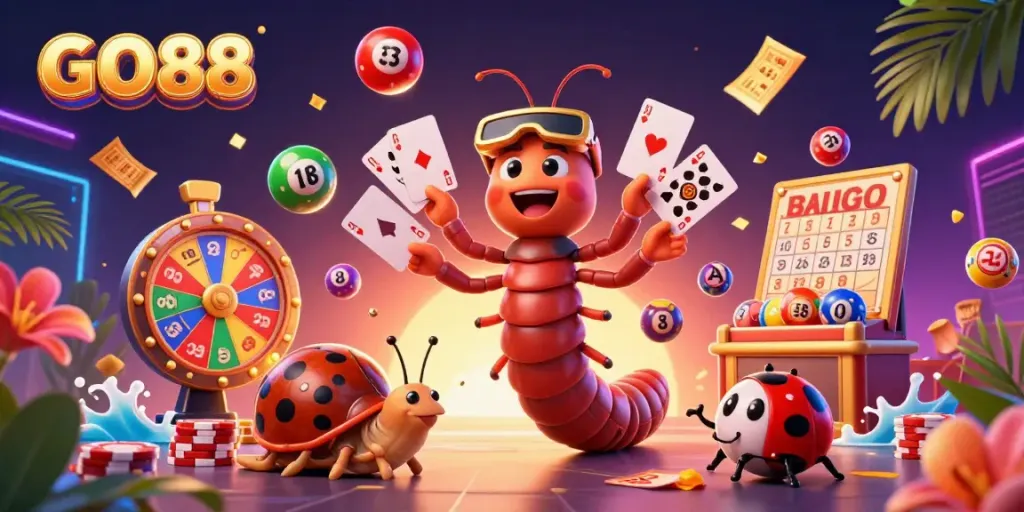Engage with GO88's dynamic gaming features and colorful lottery elements in this vibrant 3D casino scene.