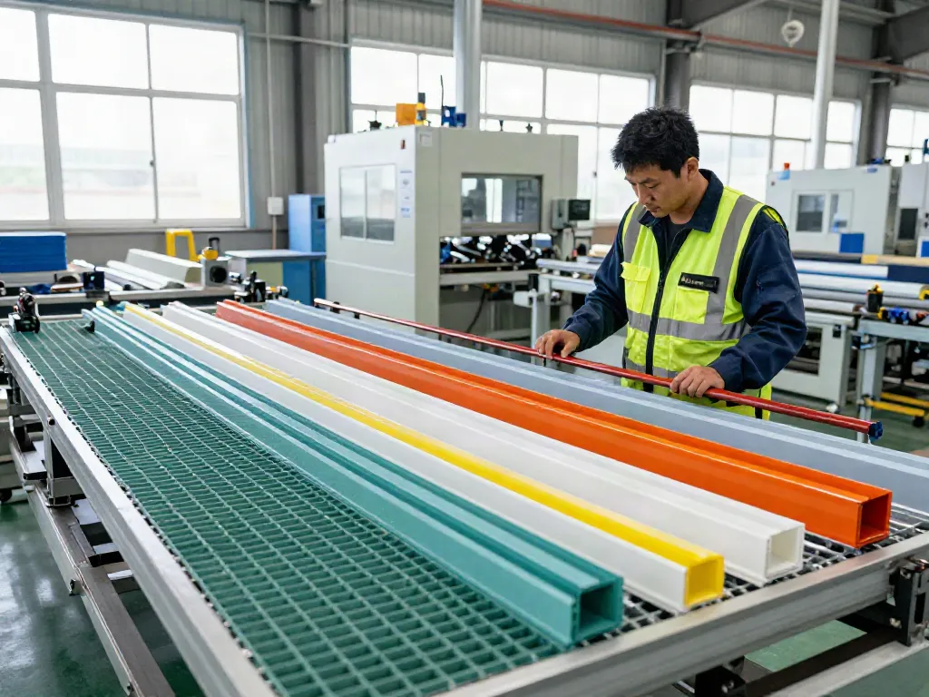 Engineered Composites technician inspecting GRP products in a modern manufacturing facility, highlighting safety and quality.