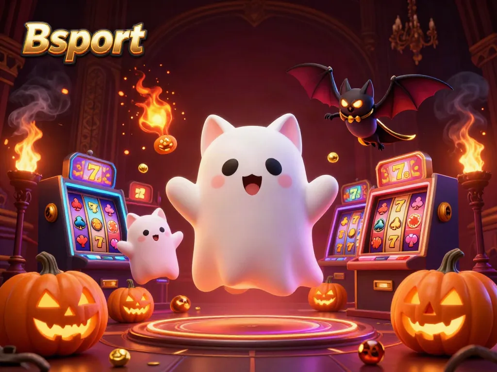 Experience thrilling fun at Bsport with a ghost cat and vampire bat in a haunted casino setting.