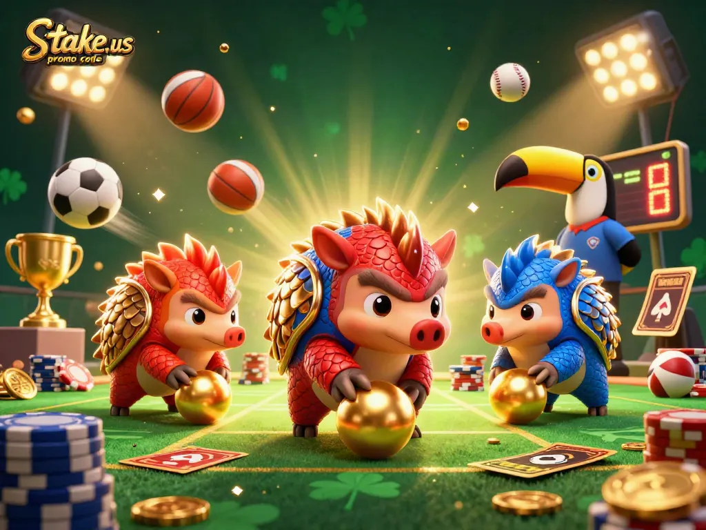 Claim the latest bonuses with stake.us promo code in a dynamic cartoon casino scene.