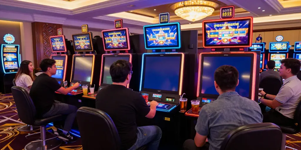 Players enjoying psgslot games at a vibrant casino floor