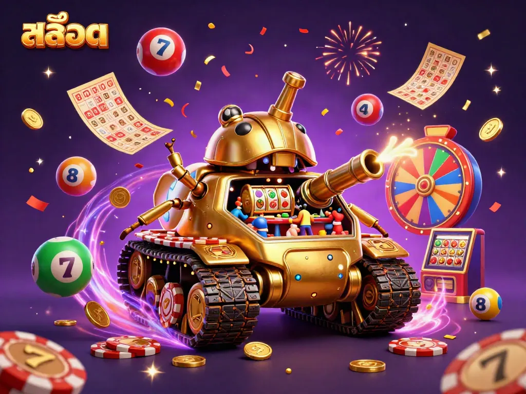 การเล่นเกมสล็อตในคาสิโนภายในรถถังทองคำที่มีการเฉลิมฉลองด้วยลูกบอลลอตเตอรี่และสัญลักษณ์สล็อต