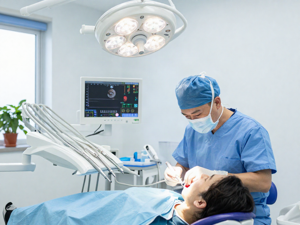 Time surgery newport beach scene with oral surgeon performing dental surgery in a calm, professional setting