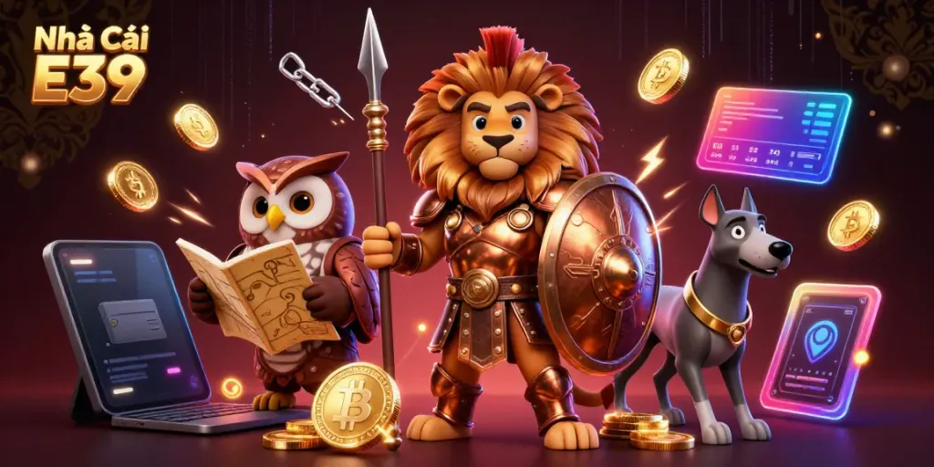 Experience the energy of Nhà Cái E39 with vibrant 3D characters showcasing crypto gaming excitement.