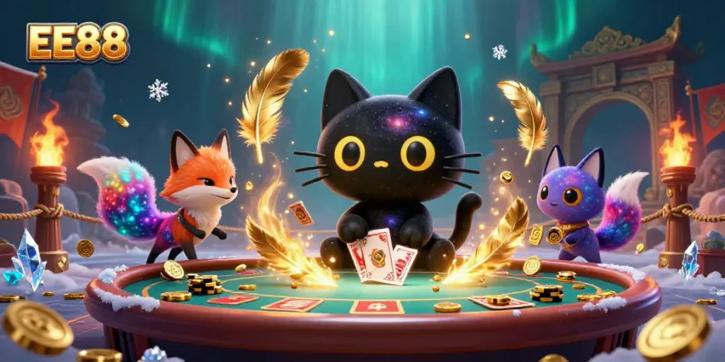 Engaging cosmic scene with EE88 characters featuring a black hole cat and nebula fox at a casino.