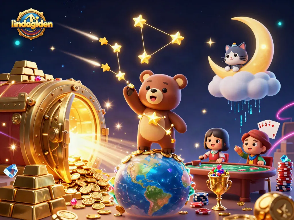 Join the excitement at lindagilden with a golden constellation bear and poker elements!