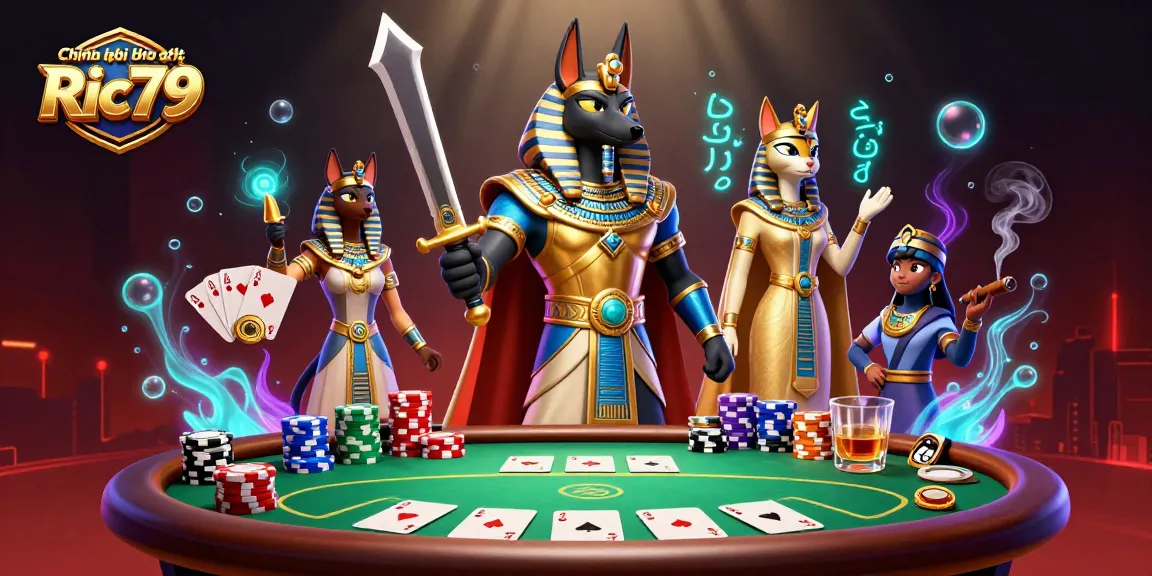 Experience dynamic gaming with Chính sách bảo mật Ric79 featuring Anubis and Bastet amidst vibrant poker elements.