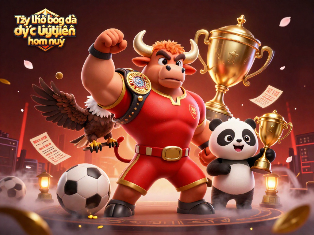 Tỷ lệ bóng đá trực tuyến hôm nay highlights betting action with dynamic sports elements and mascots.