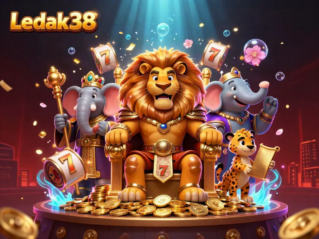 Experience the excitement of Ledak388 with a vibrant illustration showcasing a lion king, an elephant advisor, and a cheetah messenger surrounded by dynamic gaming elements.