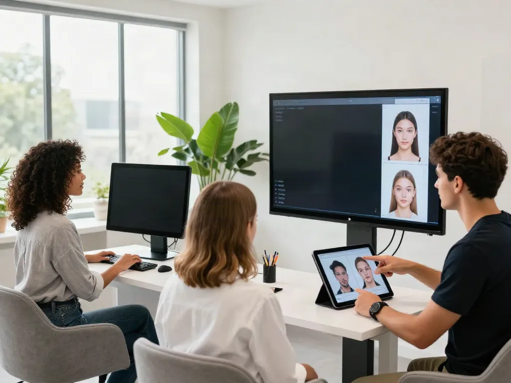 Alternatives to QOVES showcased in a modern beauty analysis studio with people engaging in facial assessments.