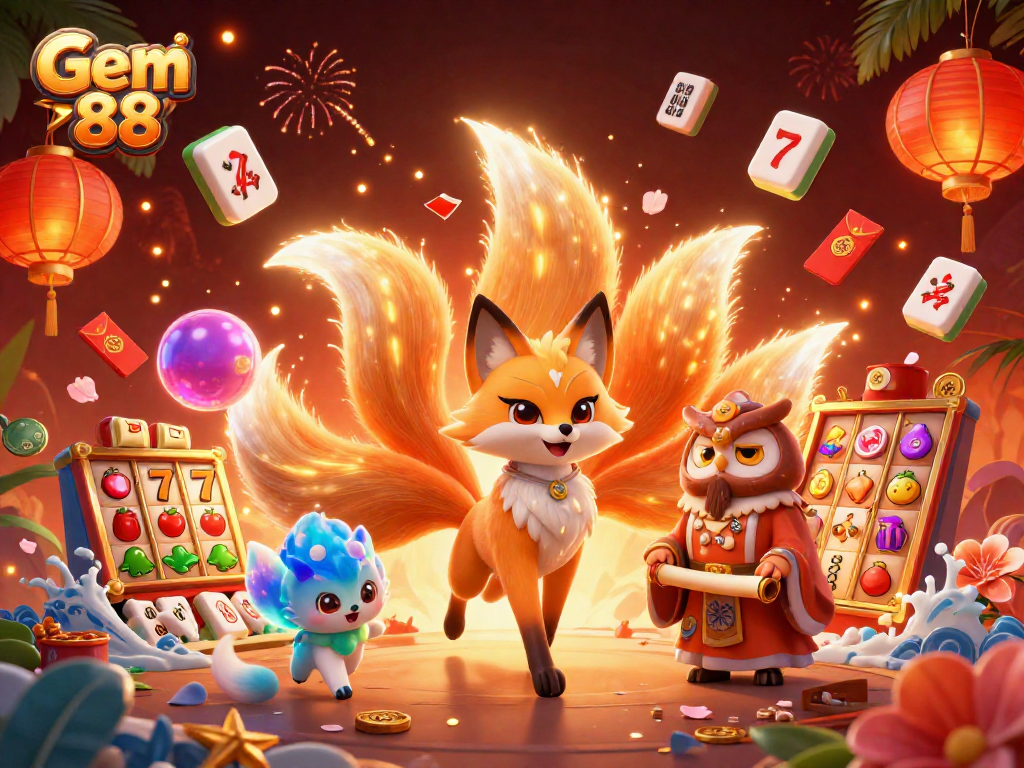 Engage with Gem 88’s vibrant scene featuring a mystical fox, owl sage, and dynamic casino elements.
