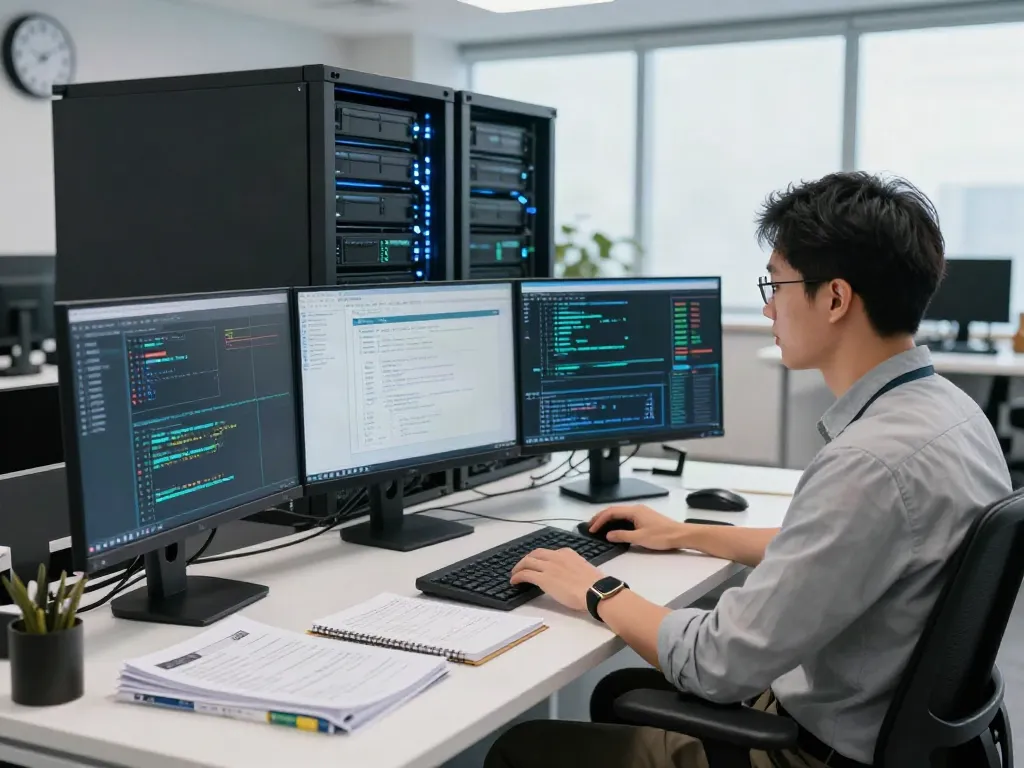 Ahli IT mengelola ServerPG di ruang kerja modern dengan monitor dan server aktif.