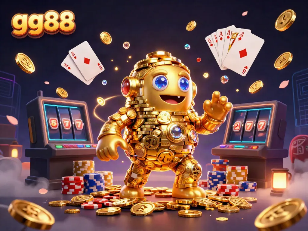 Experience thrilling gaming with gg88's golden golem surrounded by cascading coins and vibrant casino elements.