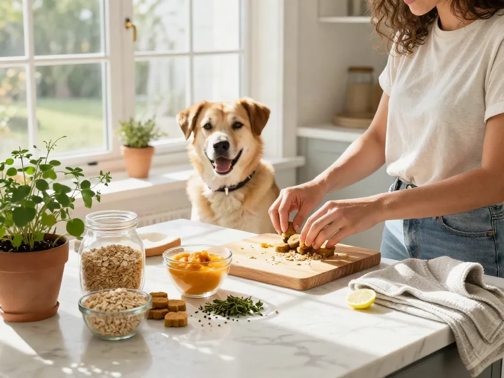 Calming Dog Treats ingredients laid out in a bright kitchen, featuring organic herbs and wellness elements, for dog health.