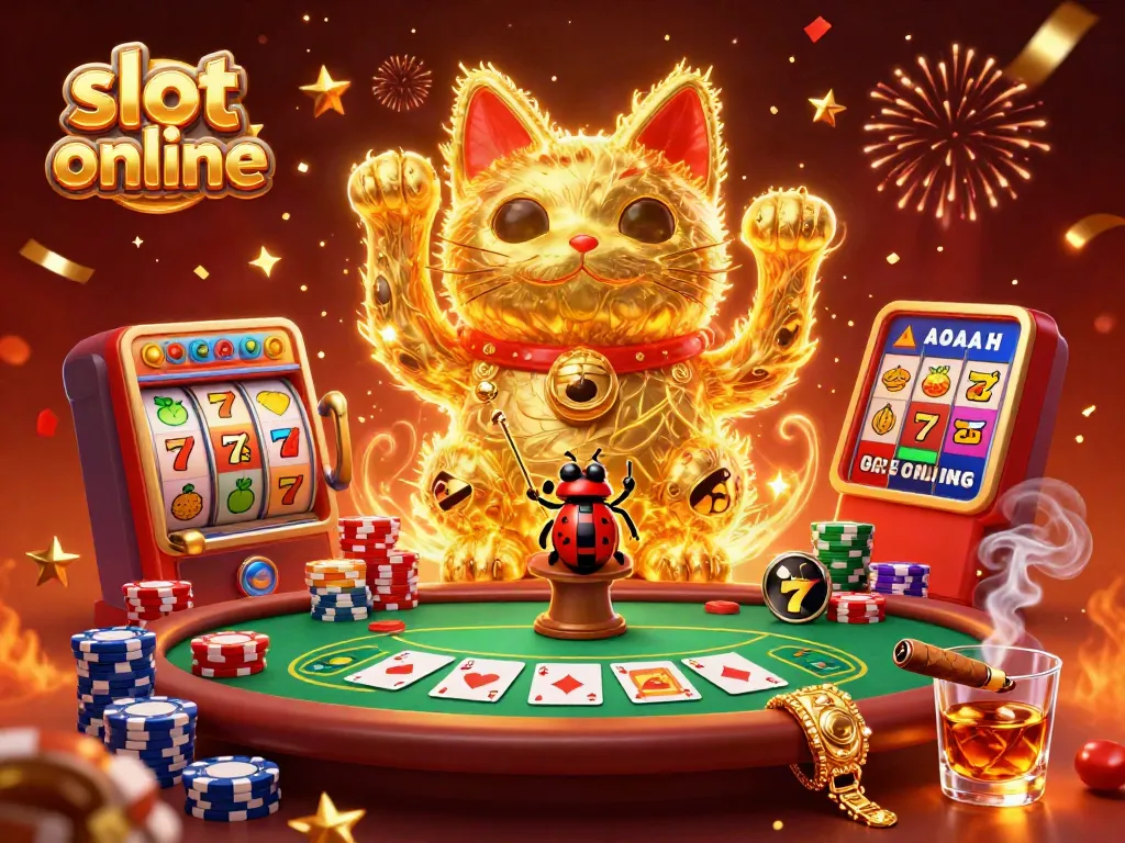 Experience slot online thrills with unique games and vibrant symbols in an engaging digital illustration.