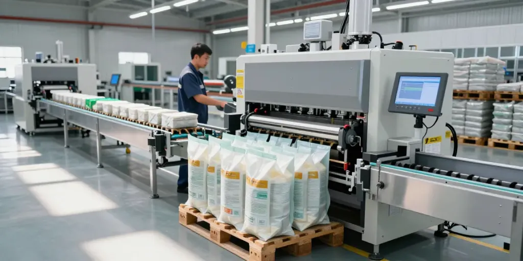 Automatic bag palletizer machine efficiently stacking bags in a modern factory.