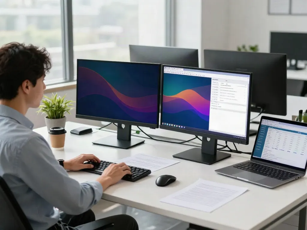 Detailed view of bookkeeping services workspace showcasing dual monitors, financial data, and a professional accountant.