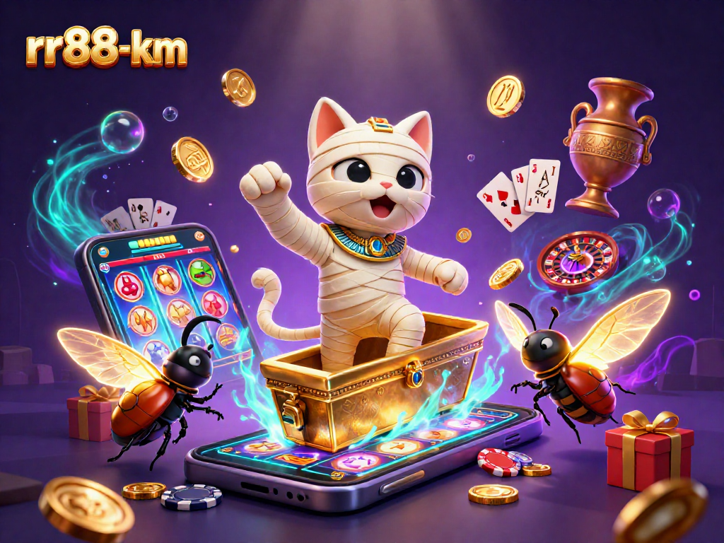 Engage with the vibrant rr88-km casino experience featuring a mummy cat and golden elements in playful action.