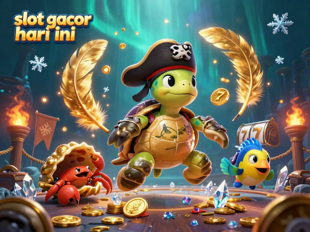 Engage with exciting slot gacor hari ini featuring a pirate turtle and colorful marine life around treasure.