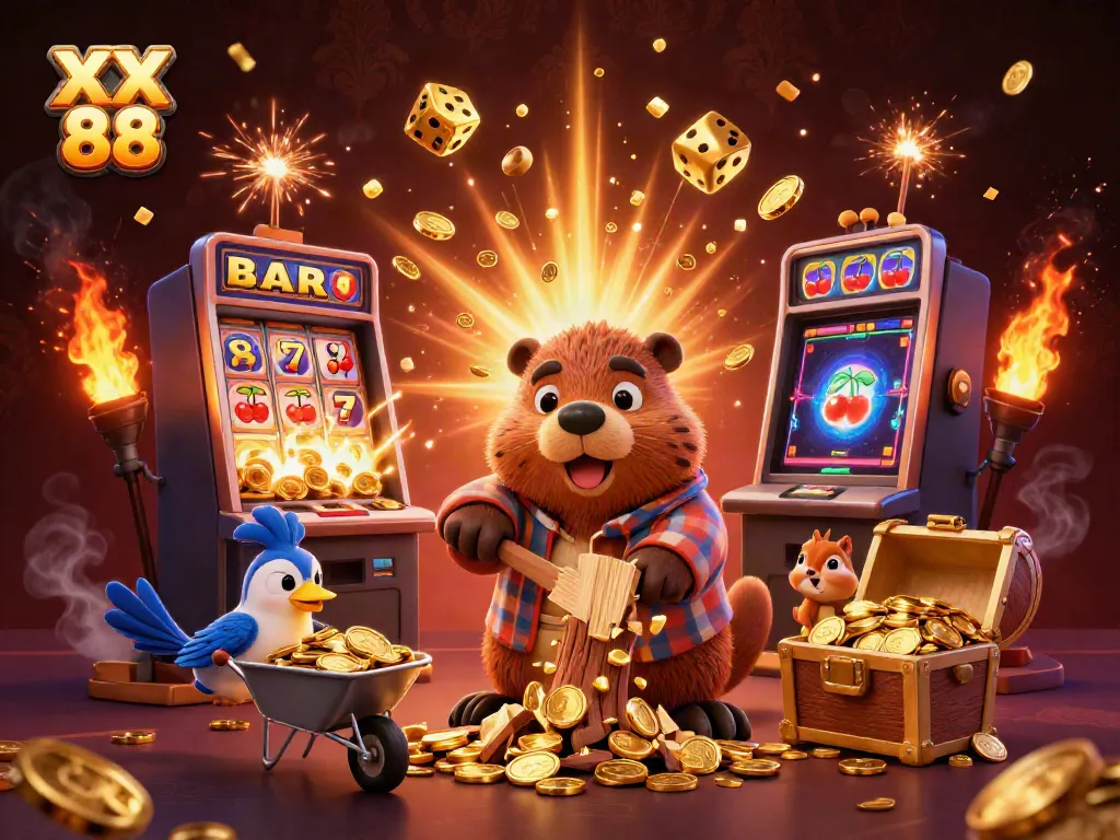 Experience thrilling gaming action at XX 88 with characters celebrating wins amidst a cascade of coins.