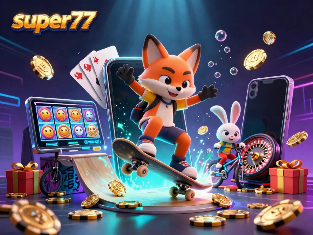 Experience the thrill of super77 with a vibrant 3D scene of a skateboarder fox and BMX rabbit in a colorful casino setting.