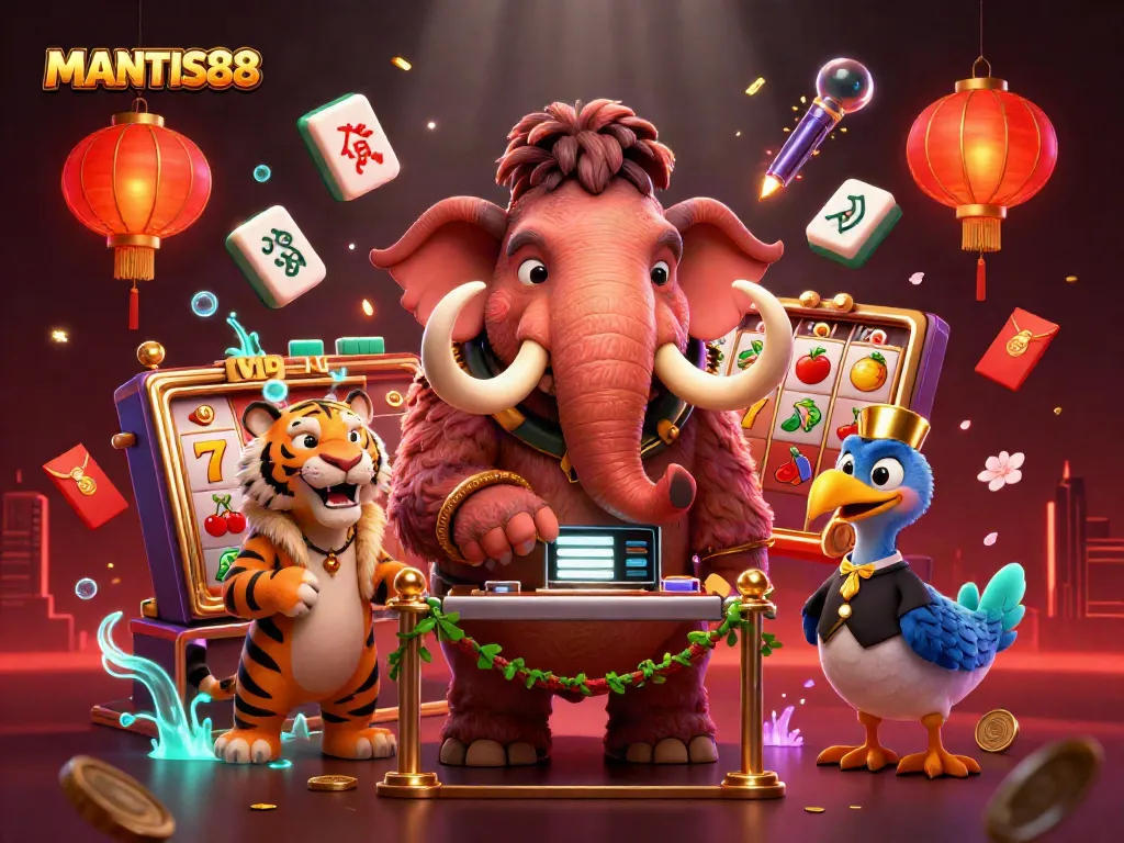 Experience the vibrant online gaming world of MANTIS88 with a lively casino scene featuring a woolly mammoth bouncer.