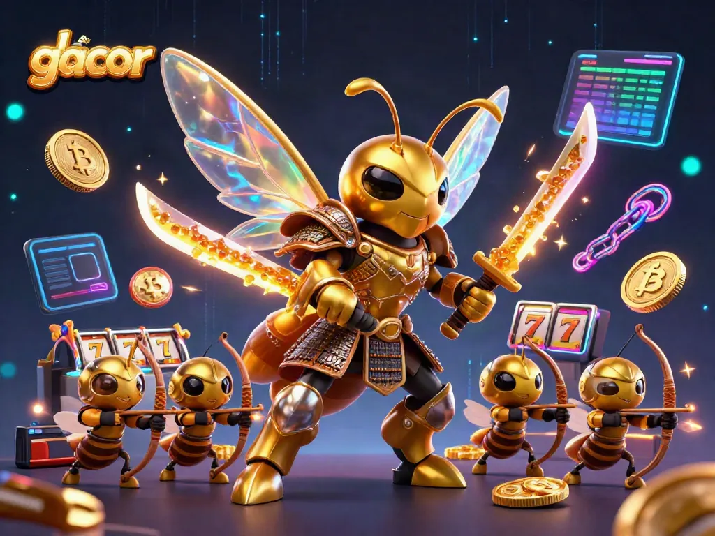 Engage with slot gacor riches featuring golden hornet warriors and digital coins amid vibrant casino excitement.